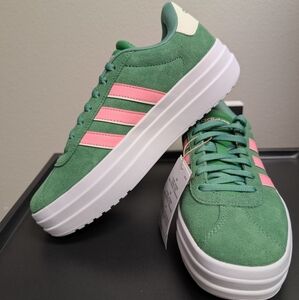 Adidas VL Court Bold Green Suede Pink Stripes Women’s 7.5